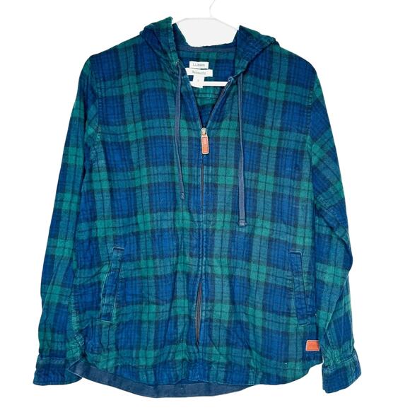 L L Bean Womens Scotch Plaid Full Zip Flannel Hoodie Shirt Shacket Chore Cabin - Picture 1 of 11